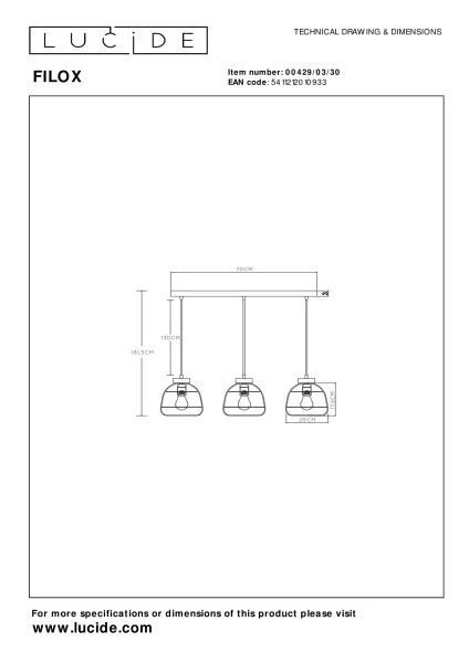 Lucide FILOX - Pendant light - 3xE27 - Black - technical